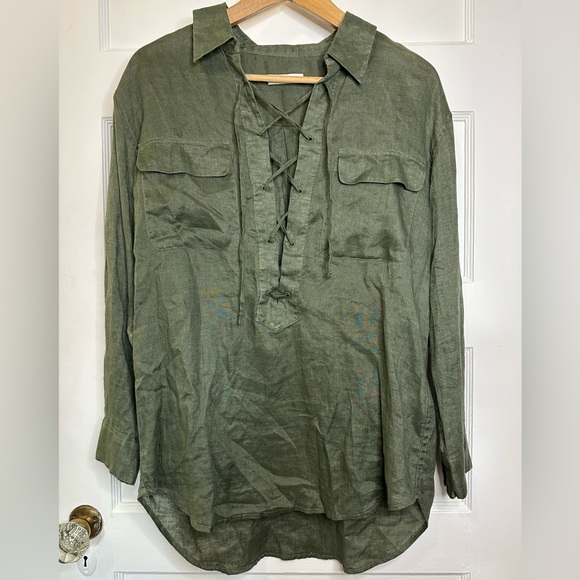 Equipment Knox Lace Up Linen Shirt in Forest Green - Picture 11 of 11